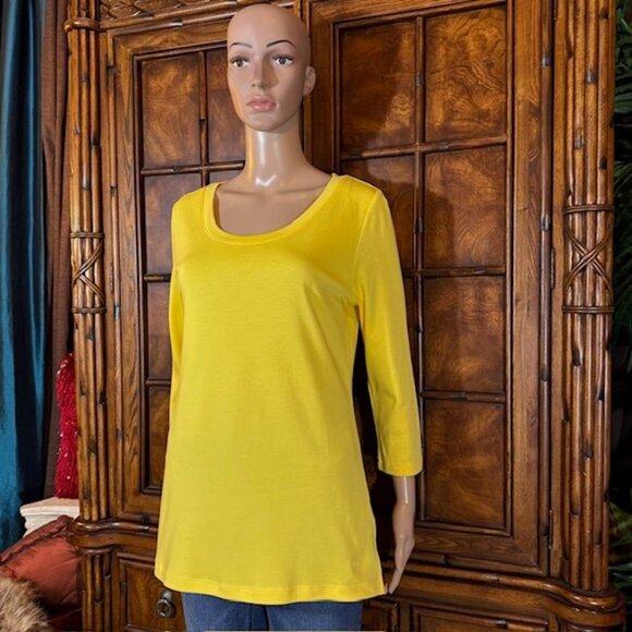 NWOT Isaac Mizrahi Live! Yellow Pima Cotton 3/4 Sleeve Side Slit Scoop Neck Top - Picture 3 of 14